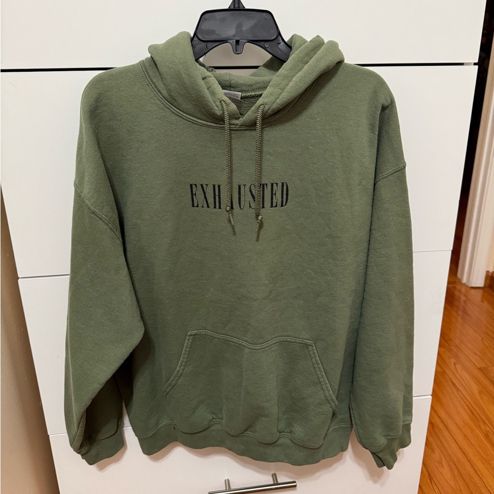Olive Green Hoodie with 'Exhausted' Print